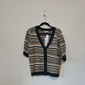 Short-Sleeve Striped V-Neck Cardigan Sweater - Navy, Cream & Tan